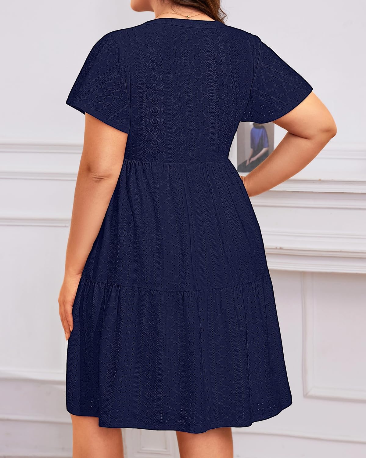 Plus Size Summer Dress – Casual Sundress Beach Short Sleeve V Neck Tiered Button Up Boho Midi Flowy Sun Dresses Women(Navy Blue Eyelet)
