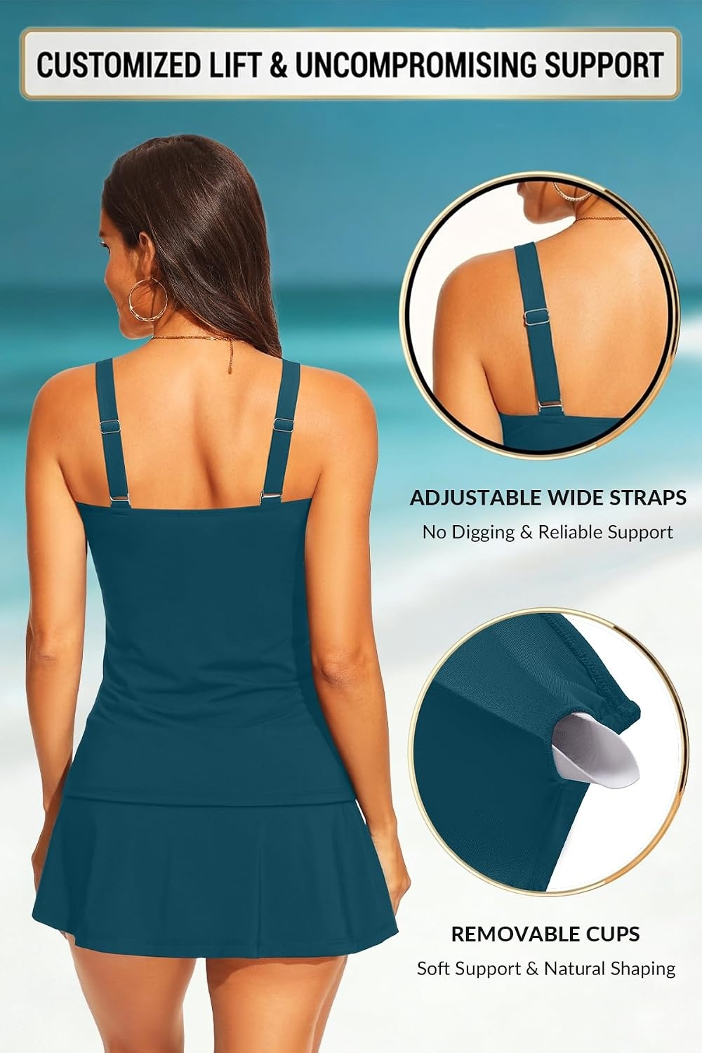 Talisea Womens Two Piece Tankini Bathing Suits with Skirt Tummy Control Swimsuits Ladies Swimwear(Teal)