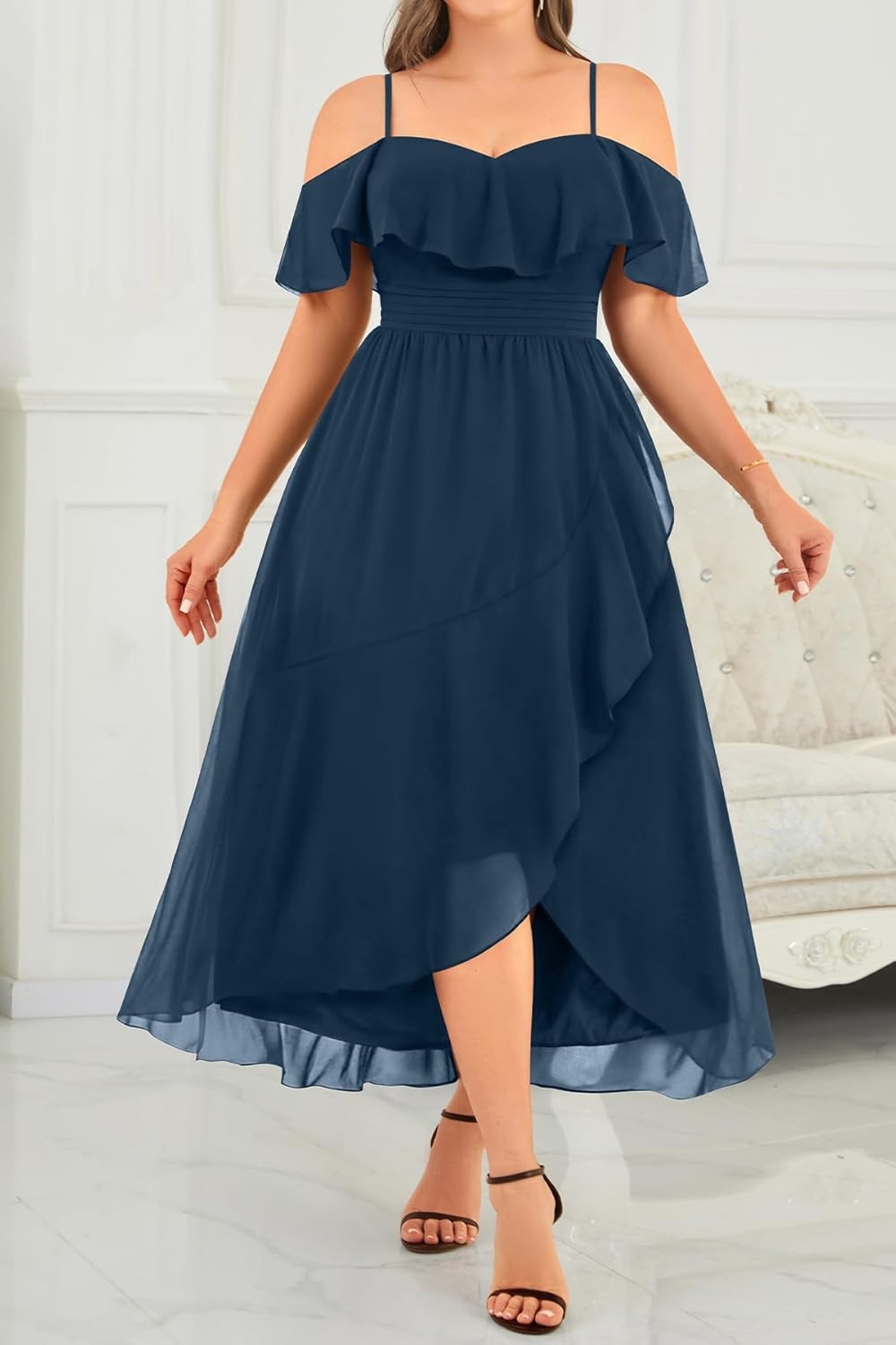 Talisea Plus Size Dresses Wedding Guest – Formal Off The Shoulder Bridesmaid Chiffon Ruffle Long High Low Dress Curvy Women(Navy Blue)
