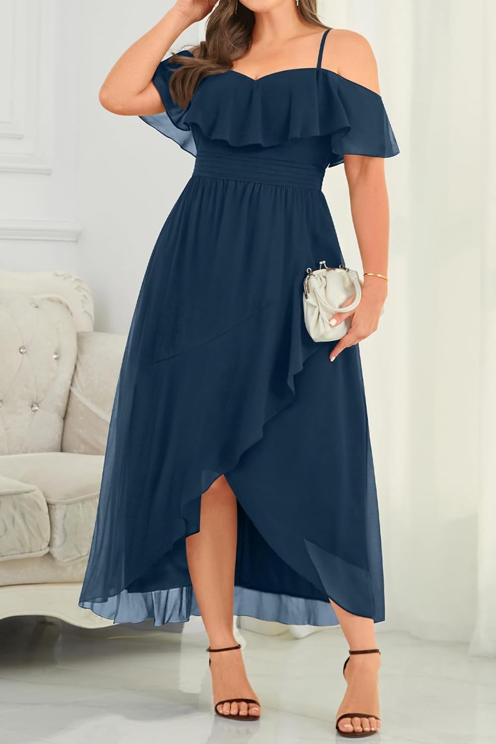 Talisea Plus Size Dresses Wedding Guest – Formal Off The Shoulder Bridesmaid Chiffon Ruffle Long High Low Dress Curvy Women(Navy Blue)