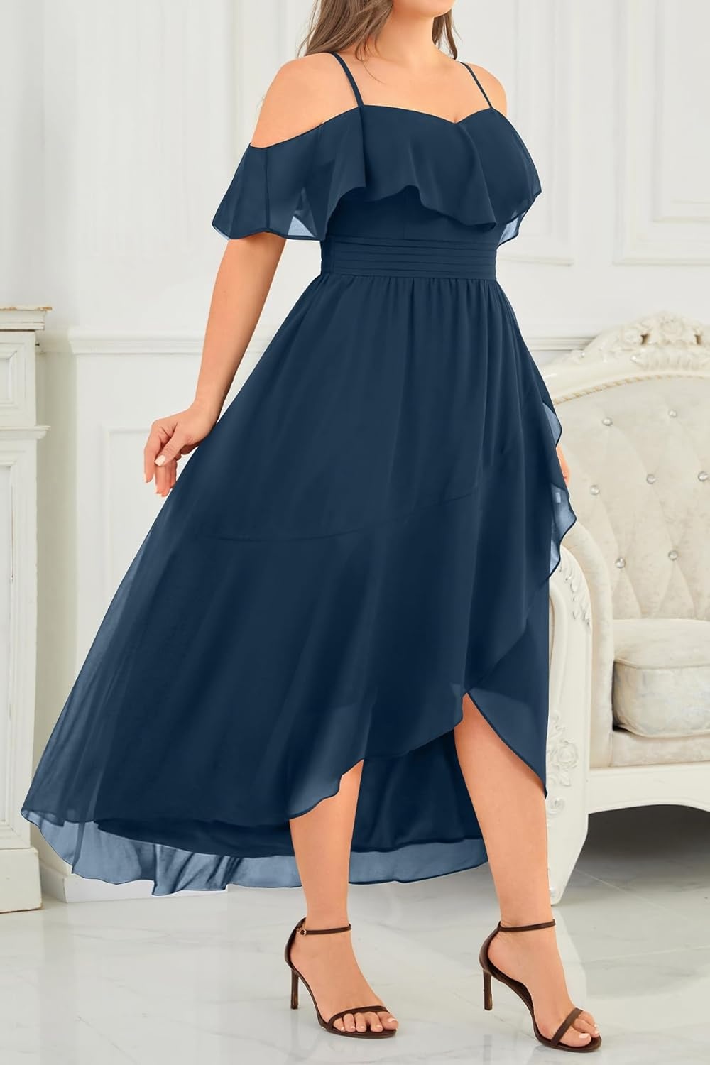 Talisea Plus Size Dresses Wedding Guest – Formal Off The Shoulder Bridesmaid Chiffon Ruffle Long High Low Dress Curvy Women(Navy Blue)