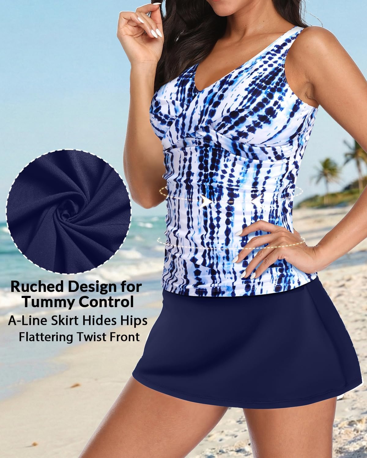 Tankini Bathing Suits with Skirt Two Piece Tummy Control Twist Swimsuits | Adjustable Straps,Slimming Ruching Design,Chic Twist Front and V-Neck,Built-In Safety Brief(Blue Tie Dye)