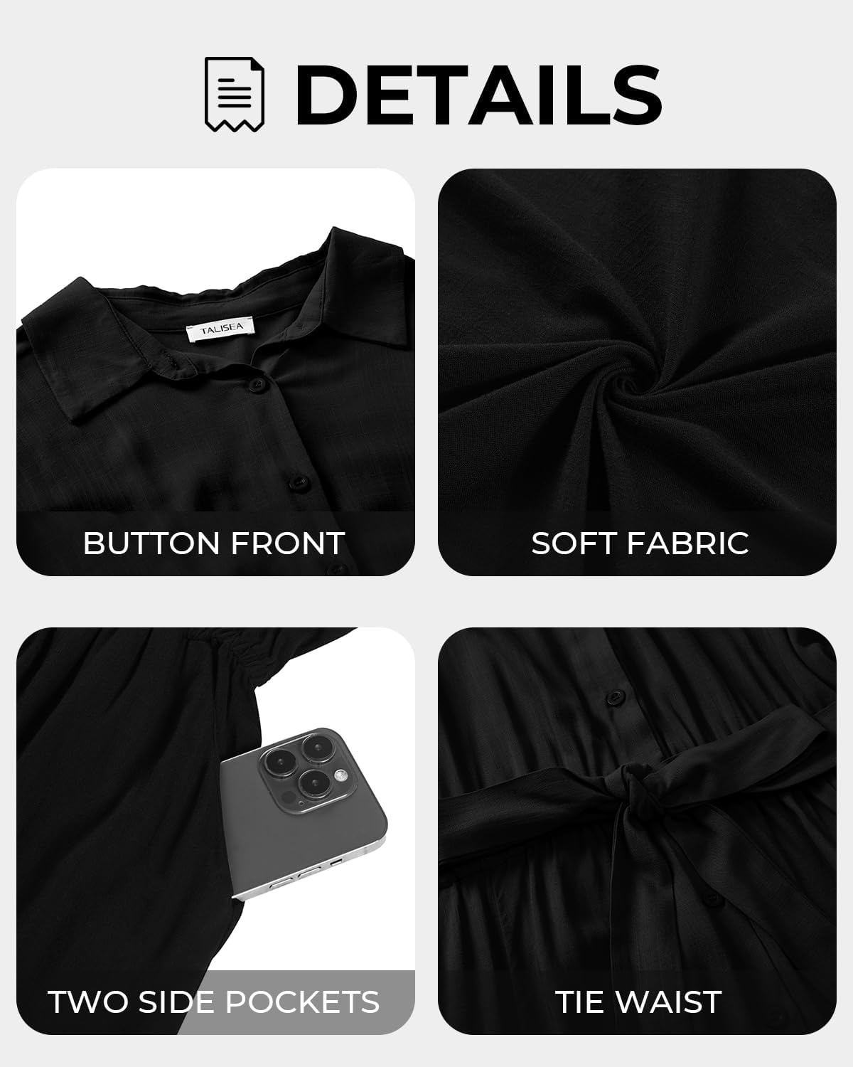 Talisea Plus Size Summer Shirt Dress with Pockets for Women(Black)