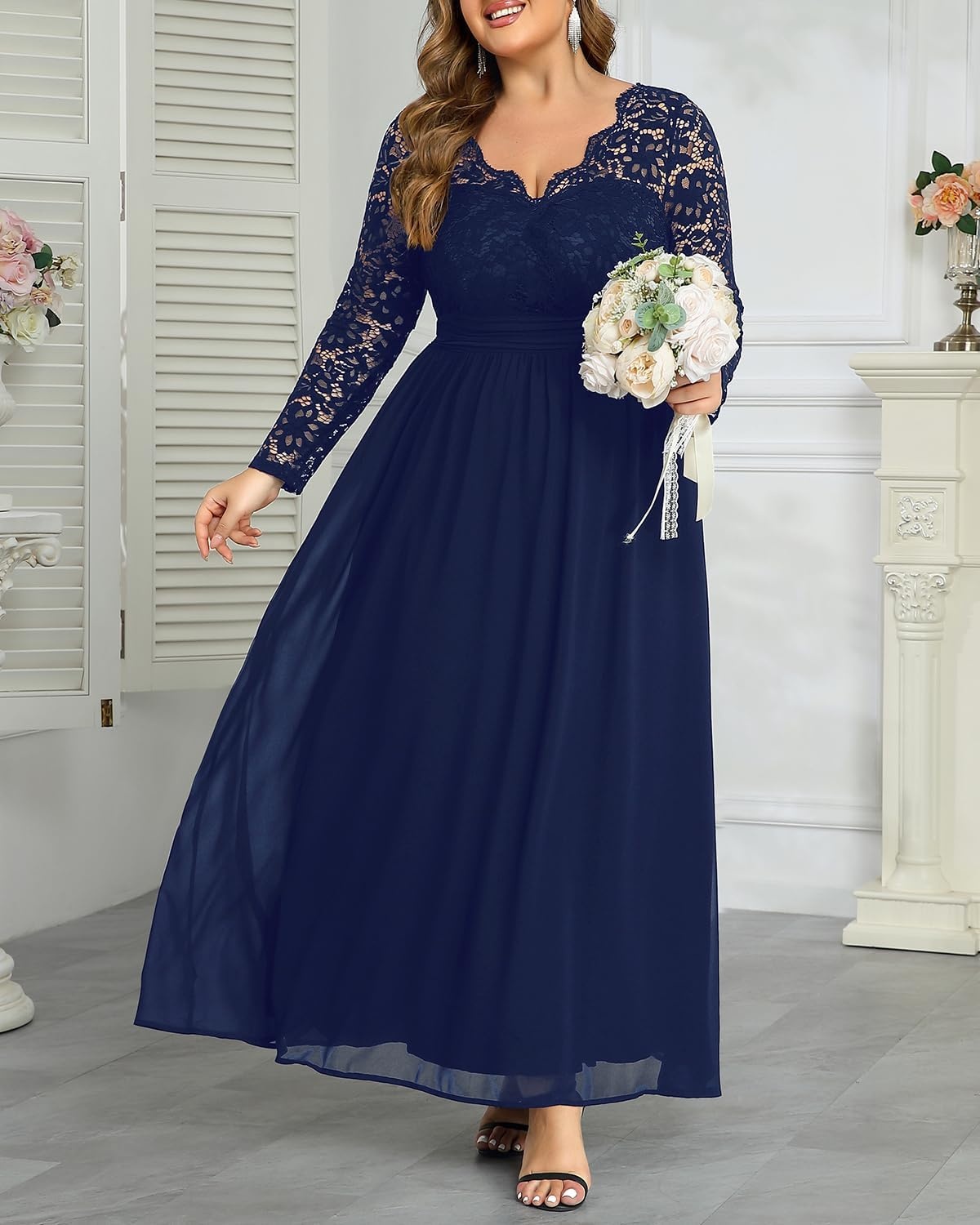 Talisea Plus Size Formal Wedding Dresses – Gowns Evening Prom Elegant V Neck Long Sleeve Lace Chiffon Long Maxi Dress(Navy Blue)