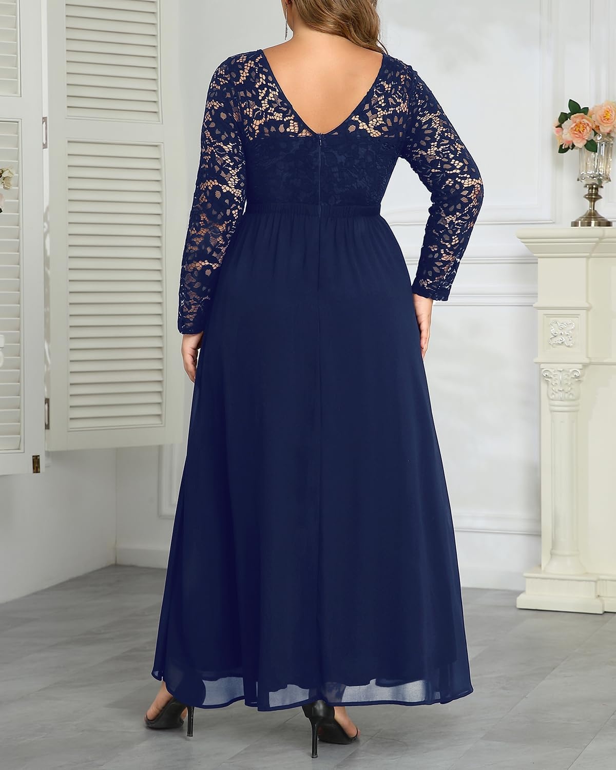 Talisea Plus Size Formal Wedding Dresses – Gowns Evening Prom Elegant V Neck Long Sleeve Lace Chiffon Long Maxi Dress(Navy Blue)