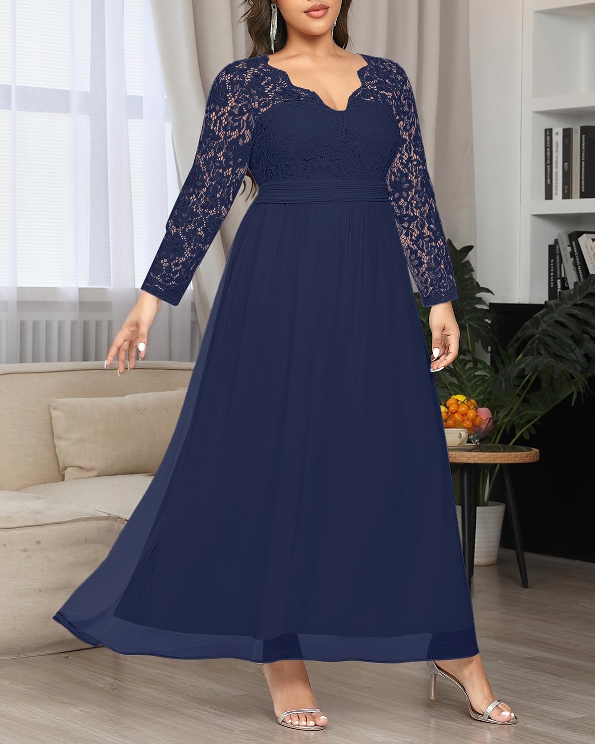 Talisea Plus Size Formal Wedding Dresses – Gowns Evening Prom Elegant V Neck Long Sleeve Lace Chiffon Long Maxi Dress(Navy Blue)