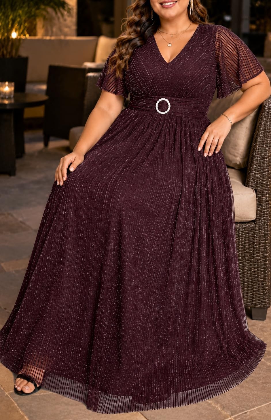 Talisea Plus Size Sequin Short Sleeve Formal Wedding Guest Maxi Dress(Burgundy Purple)