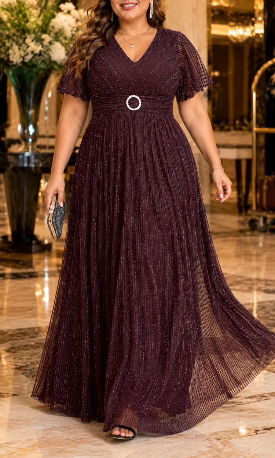 Talisea Plus Size Sequin Short Sleeve Formal Wedding Guest Maxi Dress(Burgundy Purple)