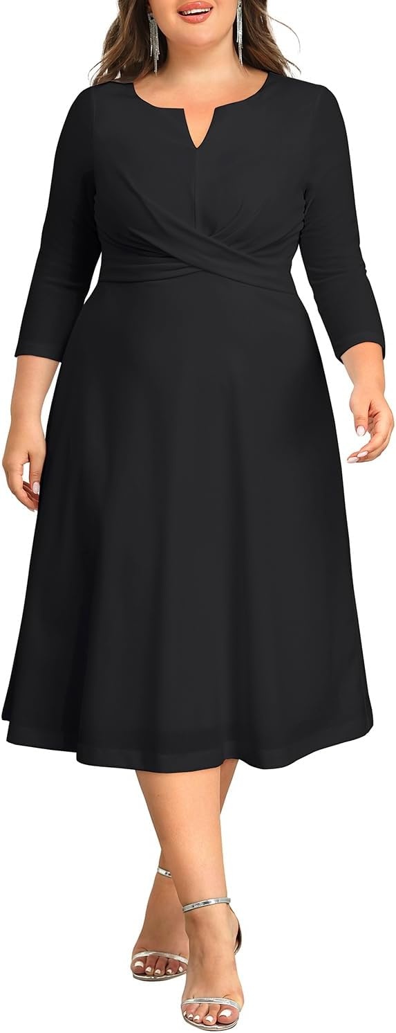 Plus Size Wedding Guest Dress – Church Midi Fall Semi Formal 3/4 Sleeve V Neck A-line Dress for Women 2025(Black)