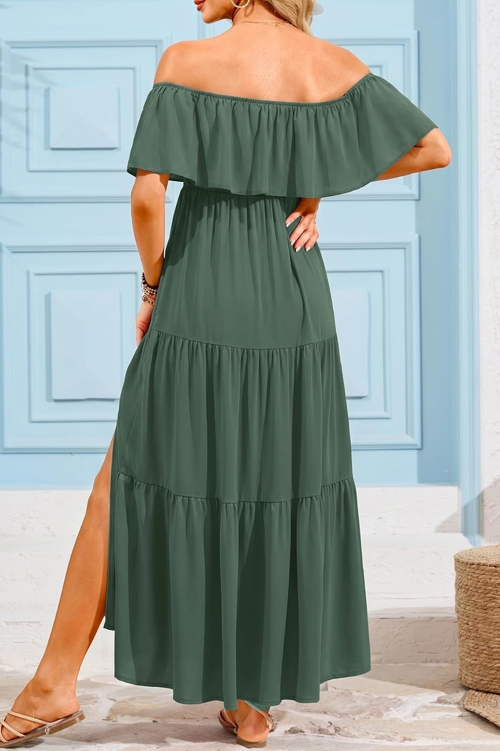 Maternity Dress for Photoshoot Off Shoulder Ruffles Summer Flowy Maxi Pregnancy Dress for Baby Shower with Slit(Green)