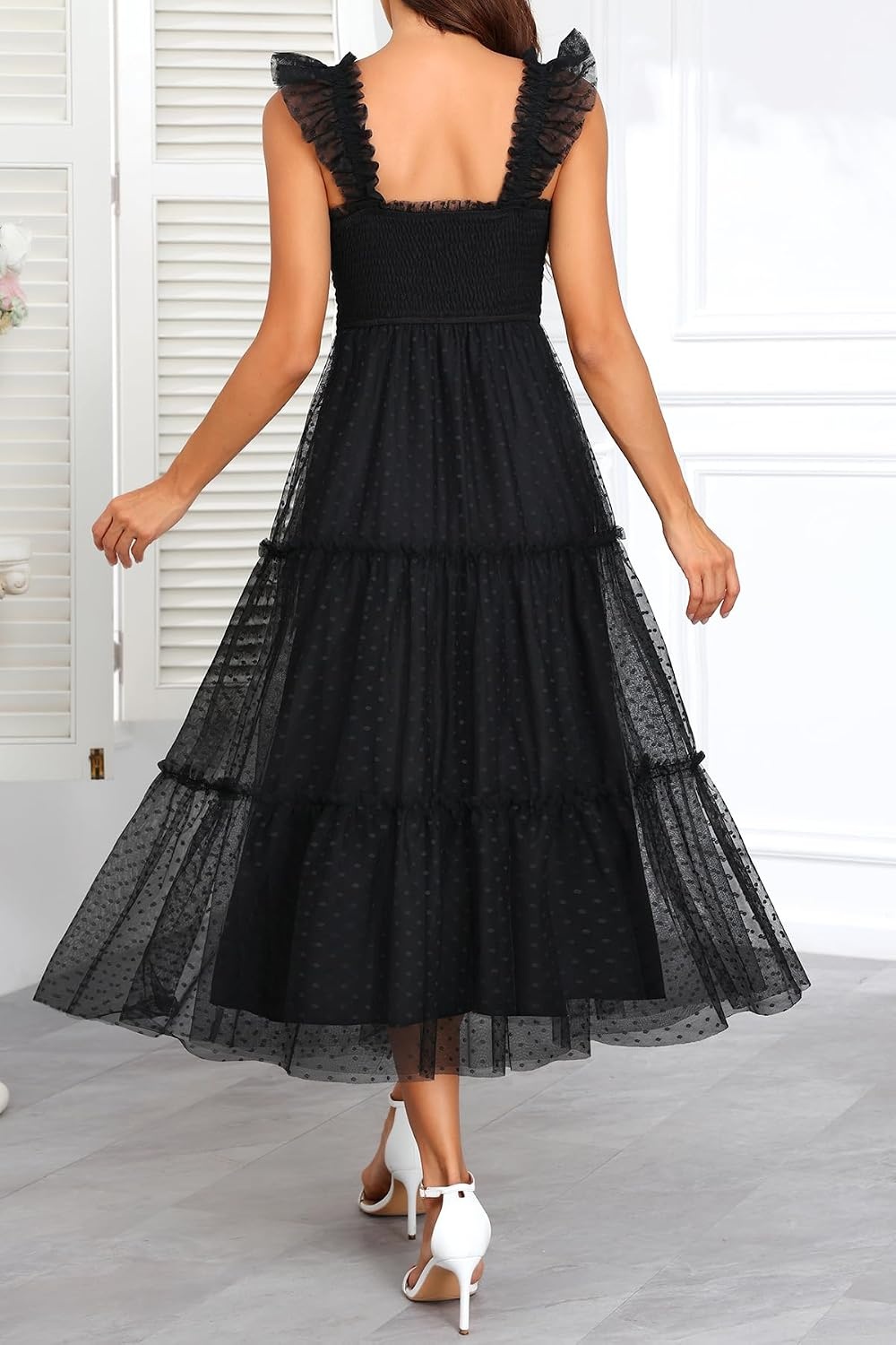 Women’s Wedding Guest Dress Dotted Tulle Smocked Summer Midi Sleeveless(Black)