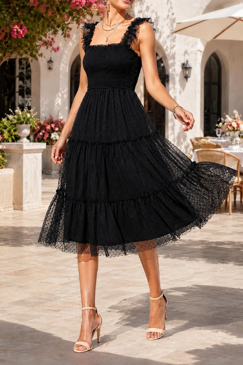 Women’s Wedding Guest Dress Dotted Tulle Smocked Summer Midi Sleeveless(Black)
