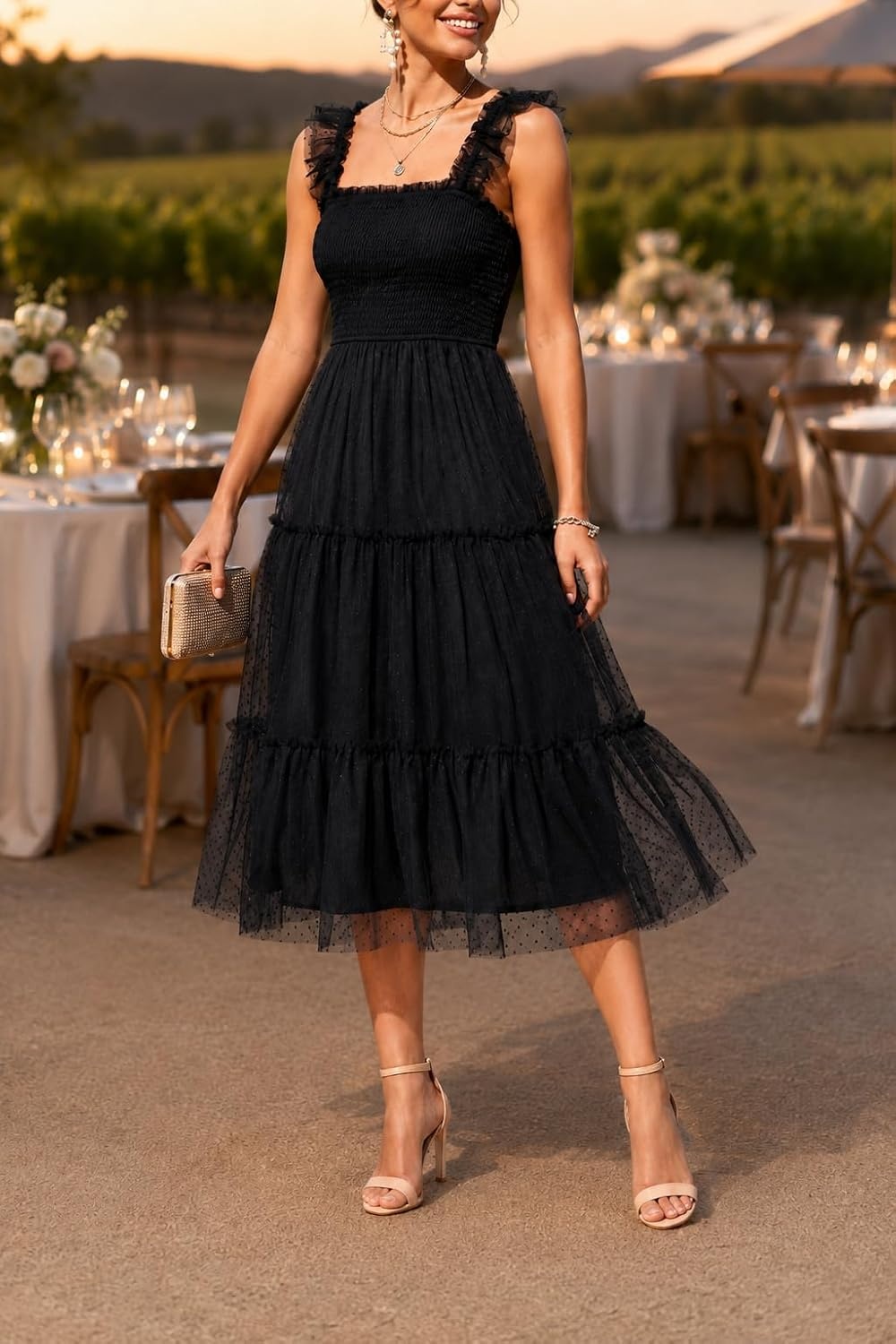 Women’s Wedding Guest Dress Dotted Tulle Smocked Summer Midi Sleeveless(Black)