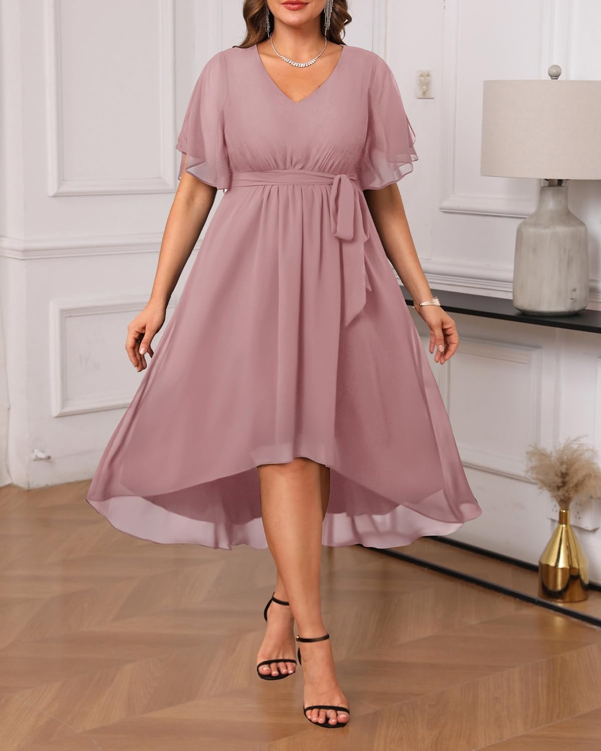 Plus Size Dresses Wedding Guest Formal Chiffon Short Sleeve High Low Dress(Dusty Pink)