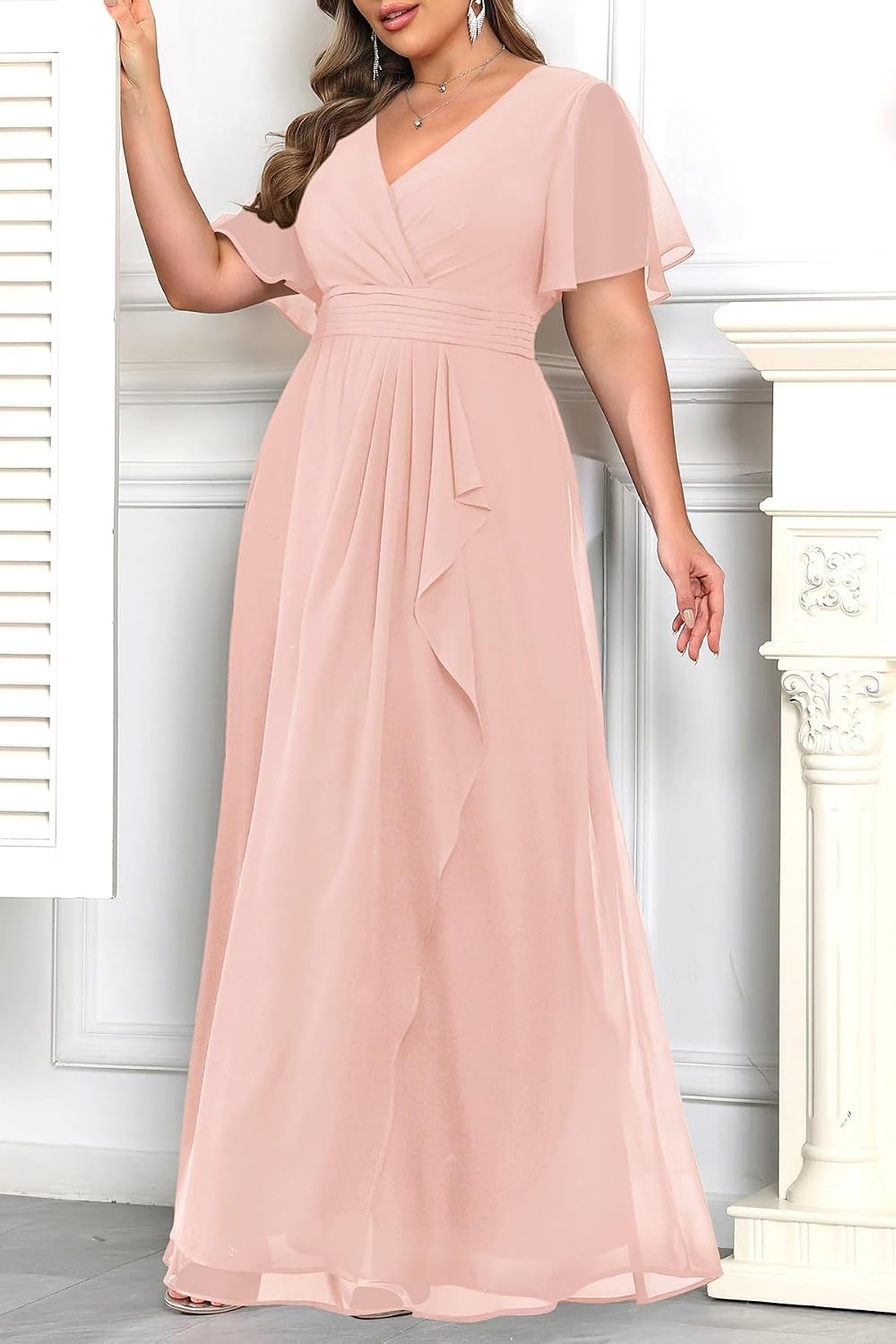 Plus Size Formal Dress Wedding Guest Chiffon V Neck Ruffle Long Dress Women | Women Plus Size Formal Evening Dress Chiffon Wedding Guest Long Dresses Short Sleeves Bridesmaid Dress Elegant Prom Gown(Light Pink)