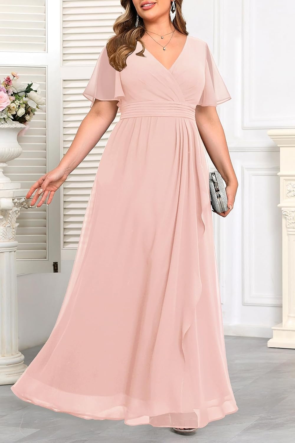 Plus Size Formal Dress Wedding Guest Chiffon V Neck Ruffle Long Dress Women | Women Plus Size Formal Evening Dress Chiffon Wedding Guest Long Dresses Short Sleeves Bridesmaid Dress Elegant Prom Gown(Light Pink)
