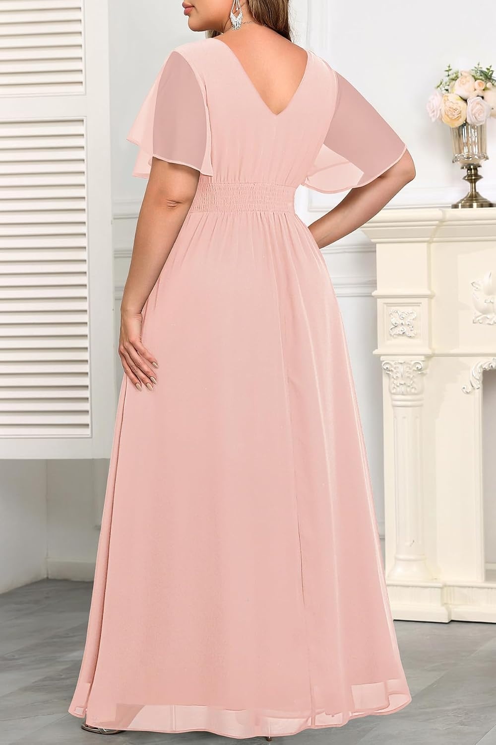 Plus Size Formal Dress Wedding Guest Chiffon V Neck Ruffle Long Dress Women | Women Plus Size Formal Evening Dress Chiffon Wedding Guest Long Dresses Short Sleeves Bridesmaid Dress Elegant Prom Gown(Light Pink)