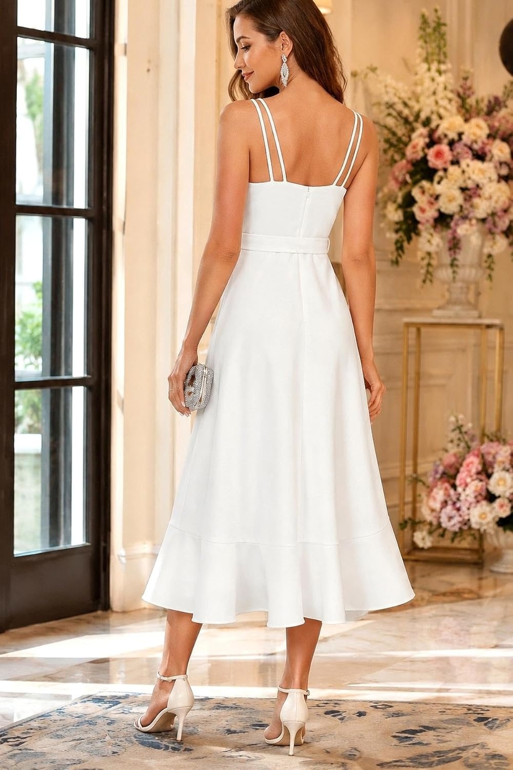 Cocktail Dresses for Women Wedding Guest Midi High Low Spaghetti Strap Ruffle Hem Graduation Party Elegant(White)