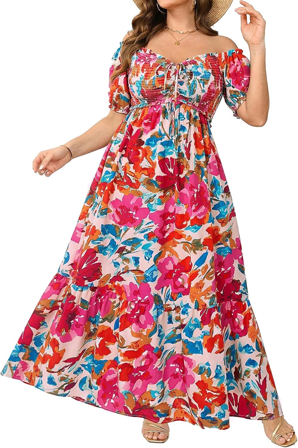 Plus Size Sun Dresses Women – Summer Off the Shoulder Puff Sleeve A Line Boho Maxi Flow Long Dress 2025(Red Floral)