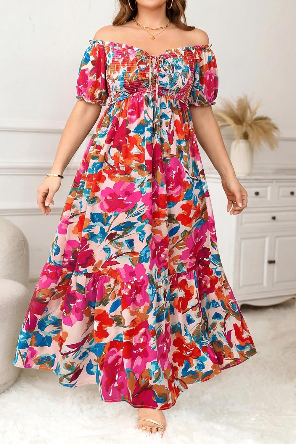 Plus Size Sun Dresses Women – Summer Off the Shoulder Puff Sleeve A Line Boho Maxi Flow Long Dress 2025(Red Floral)