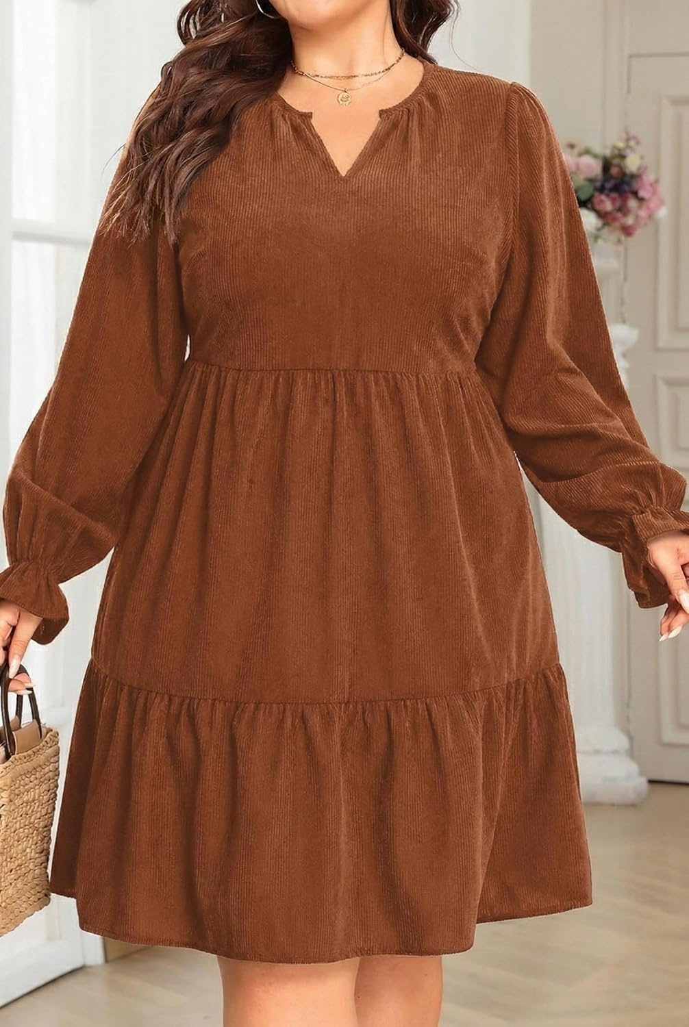 Plus Size Fall Dresses Casual Long Sleeve Corduroy Short Babydoll Dress | Plus Size Fall Long Sleeve Dresses Women Corduroy Casual A Line Tiered Short Dress Loose Tunic V Neck Babydoll Dress Winter(Caramel)