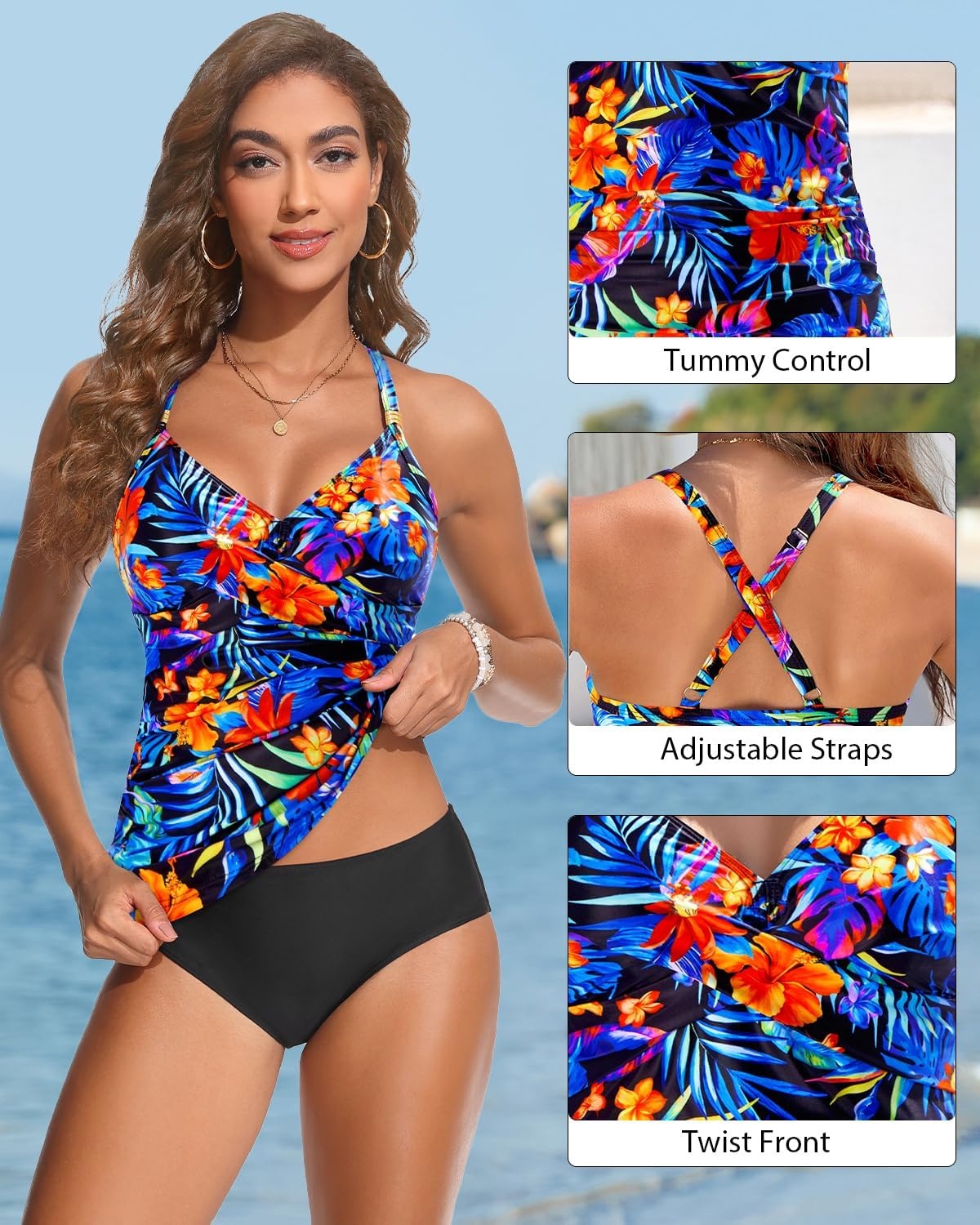 Women’s Tankini Swimsuits – Two Piece Swimsuit Tummy Control Bathing Suit 2025 Twist V Neck Swimwear(Colorful Floral)