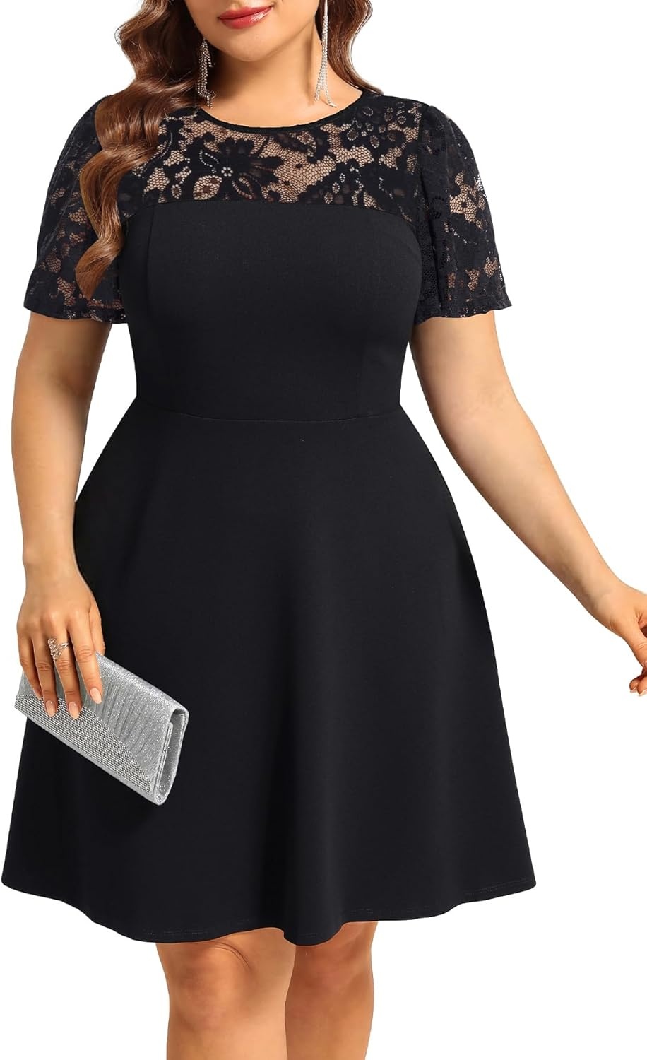 Plus Size Cocktail Dress – Lace Wedding Guest Party Crew Neck Short A Line Dresses Women(Black)