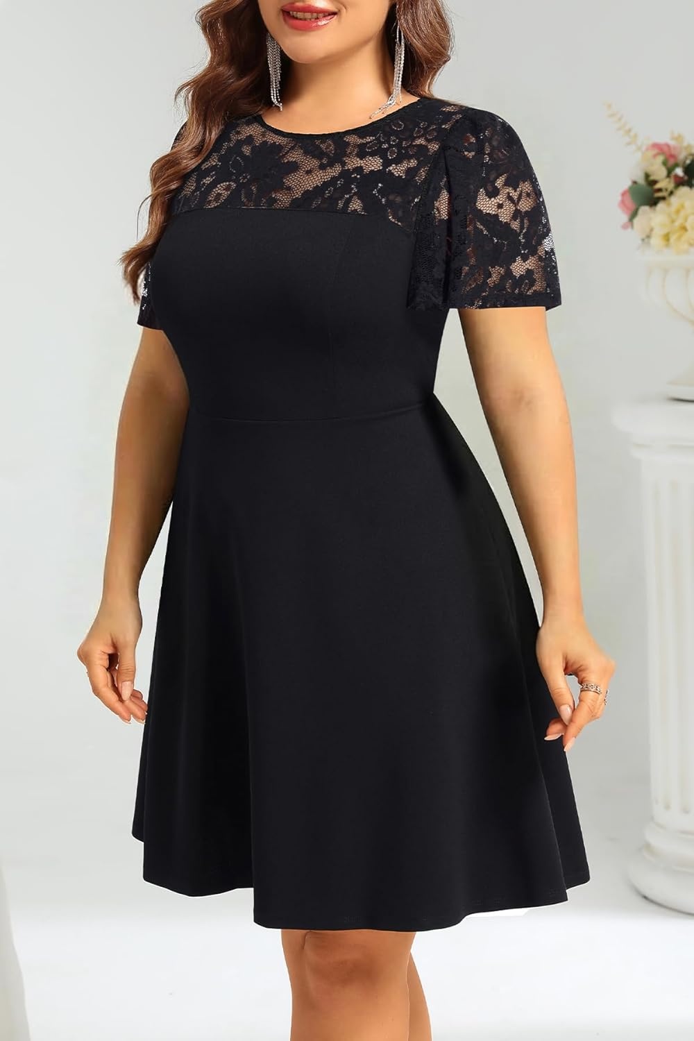 Plus Size Cocktail Dress – Lace Wedding Guest Party Crew Neck Short A Line Dresses Women(Black)