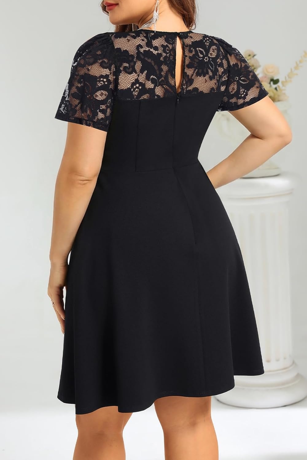 Plus Size Cocktail Dress – Lace Wedding Guest Party Crew Neck Short A Line Dresses Women(Black)