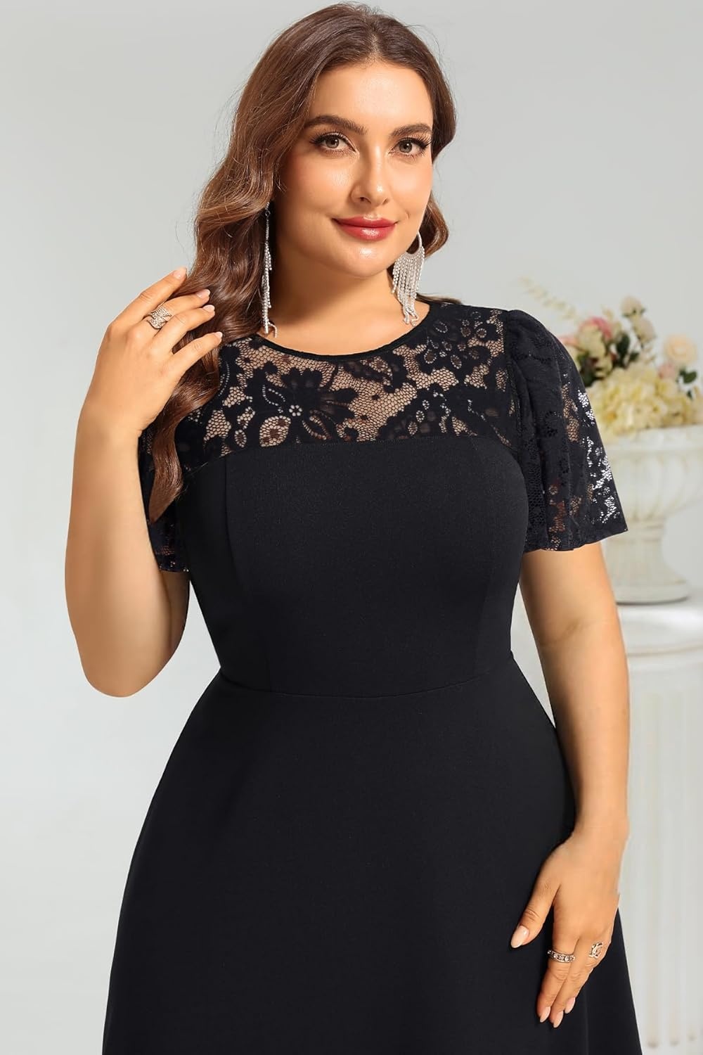 Plus Size Cocktail Dress – Lace Wedding Guest Party Crew Neck Short A Line Dresses Women(Black)