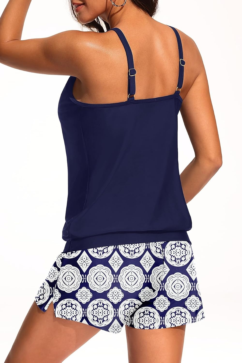 Talisea Womens Tankini Swimsuits with Shorts – 2 Piece Bathing Suits with Pocket Boyshorts Blouson Tummy Control Swimwear(Navy Geometric)