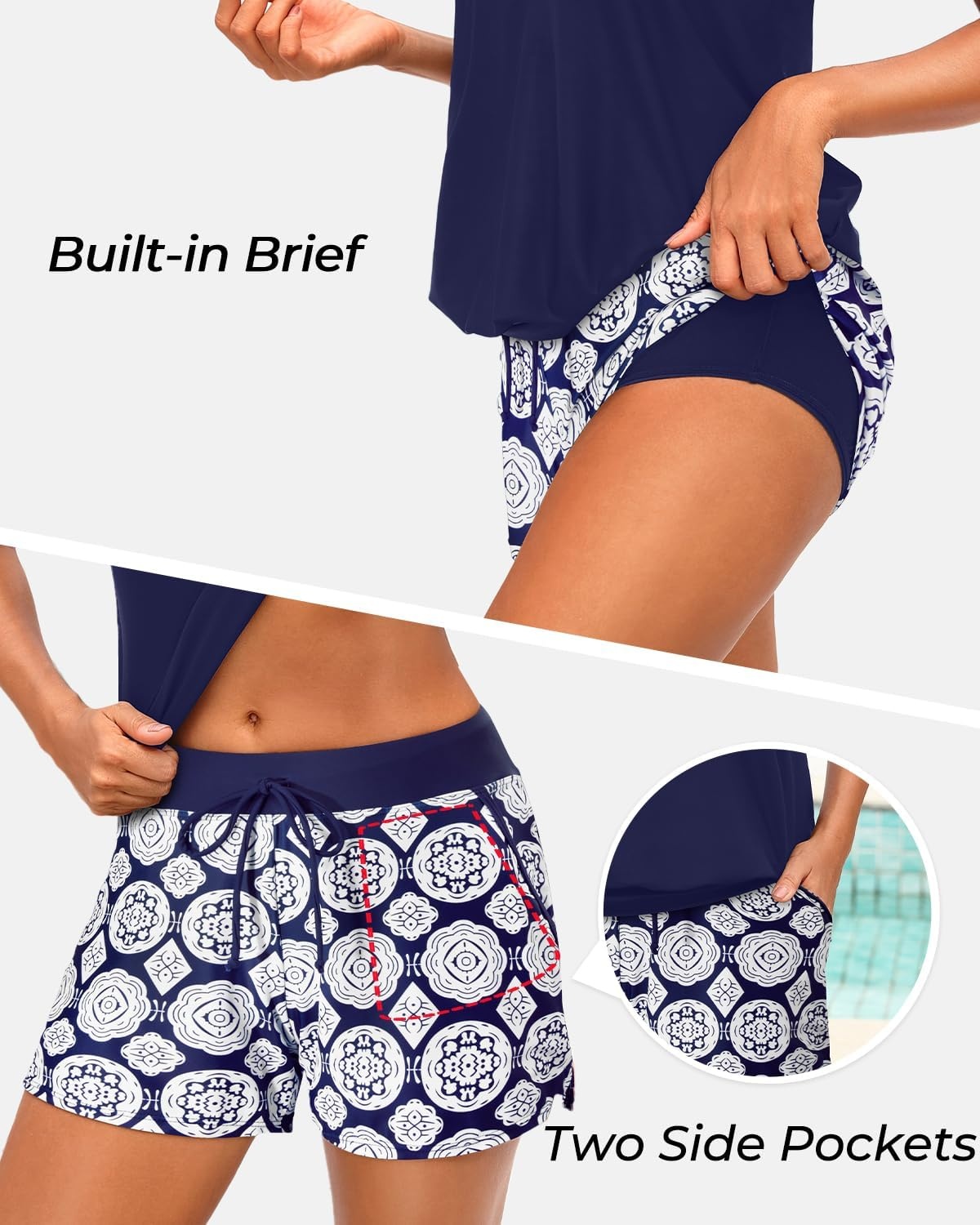Talisea Womens Tankini Swimsuits with Shorts – 2 Piece Bathing Suits with Pocket Boyshorts Blouson Tummy Control Swimwear(Navy Geometric)