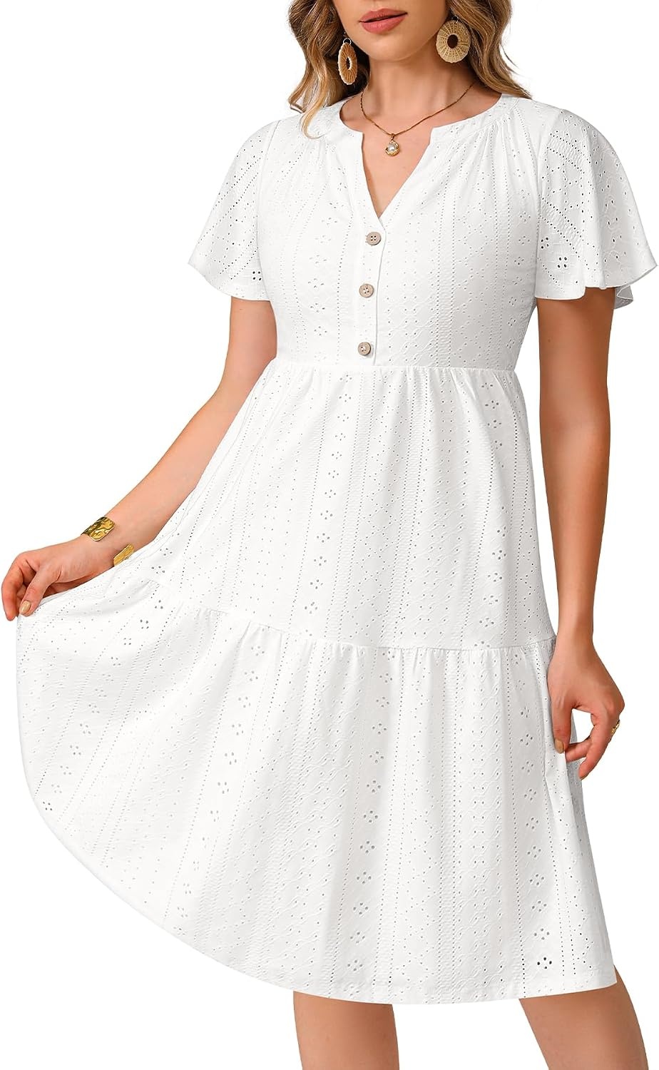 Plus Size Summer Dress Casual Boho Button Up Tiered Midi Sundress Women | Plus Size Summer Casual Dress Curvy Women Flowy Boho Beach Vacation Sundress Eyelet Short Sleeve V Neck Tiered Midi Dresses(White Eyelet)