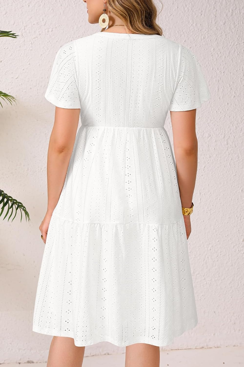 Plus Size Summer Dress Casual Boho Button Up Tiered Midi Sundress Women | Plus Size Summer Casual Dress Curvy Women Flowy Boho Beach Vacation Sundress Eyelet Short Sleeve V Neck Tiered Midi Dresses(White Eyelet)