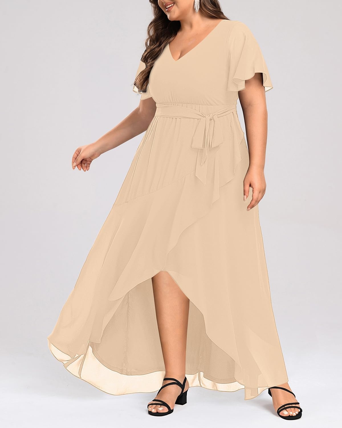 Talisea Plus Size Wedding Guest Dress – High Low Chiffon Ruffle Formal Gown(Champagne)