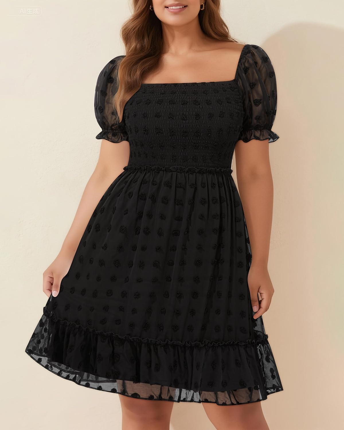 Plus Size Square Neck Puff Sleeve Swiss Dot Graduation Dress | Swiss dot chiffon / square neck / puff sleeves / smocked bodice / tiered ruffle hem / flowy short dress(Black)