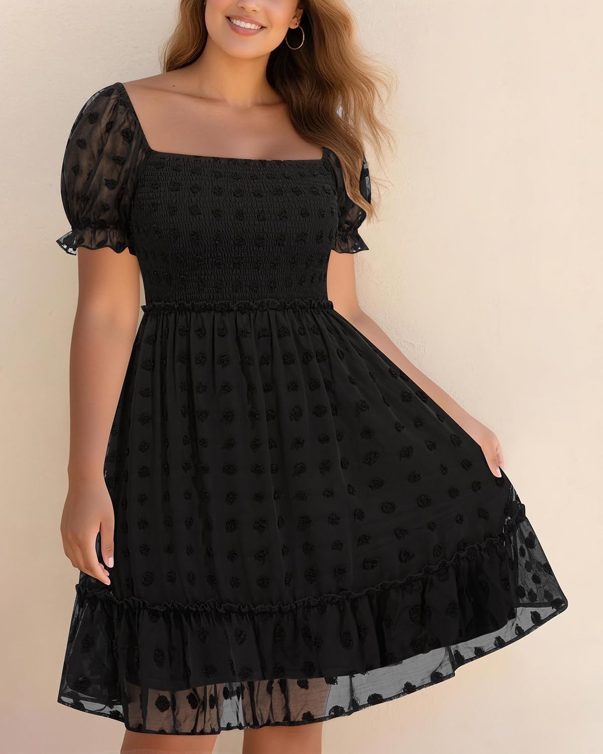 Plus Size Square Neck Puff Sleeve Swiss Dot Graduation Dress | Swiss dot chiffon / square neck / puff sleeves / smocked bodice / tiered ruffle hem / flowy short dress(Black)