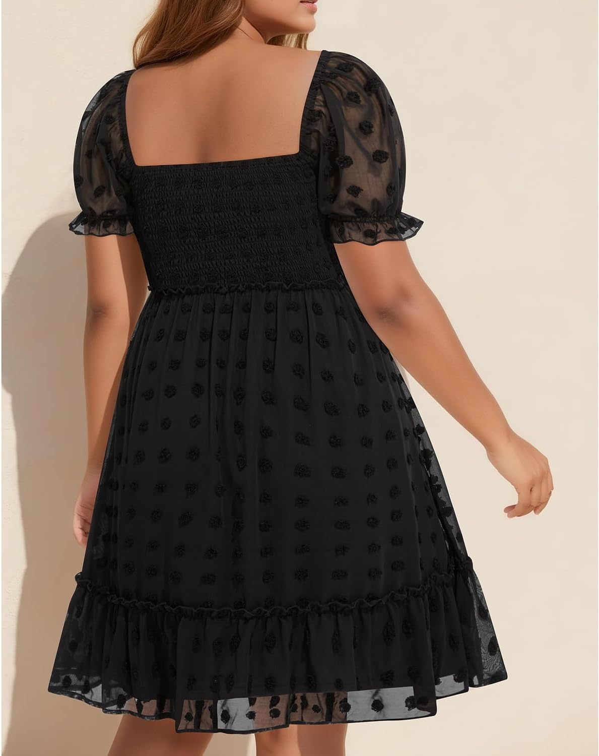 Plus Size Square Neck Puff Sleeve Swiss Dot Graduation Dress | Swiss dot chiffon / square neck / puff sleeves / smocked bodice / tiered ruffle hem / flowy short dress(Black)