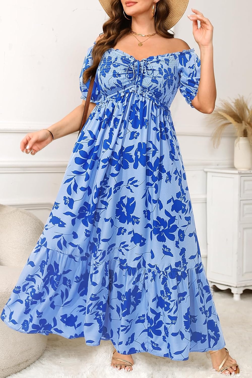 Plus Size Summer Dresses Off the Shoulder Boho Maxi A Line Long Dress Women | Plus Size Summer Maxi Dresses Women Casual Boho Off the Shoulder Long Dress Spring Flowy Beach Vacation Sundress(Blue Floral)