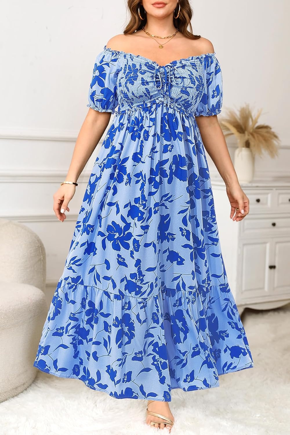Plus Size Summer Dresses Off the Shoulder Boho Maxi A Line Long Dress Women | Plus Size Summer Maxi Dresses Women Casual Boho Off the Shoulder Long Dress Spring Flowy Beach Vacation Sundress(Blue Floral)