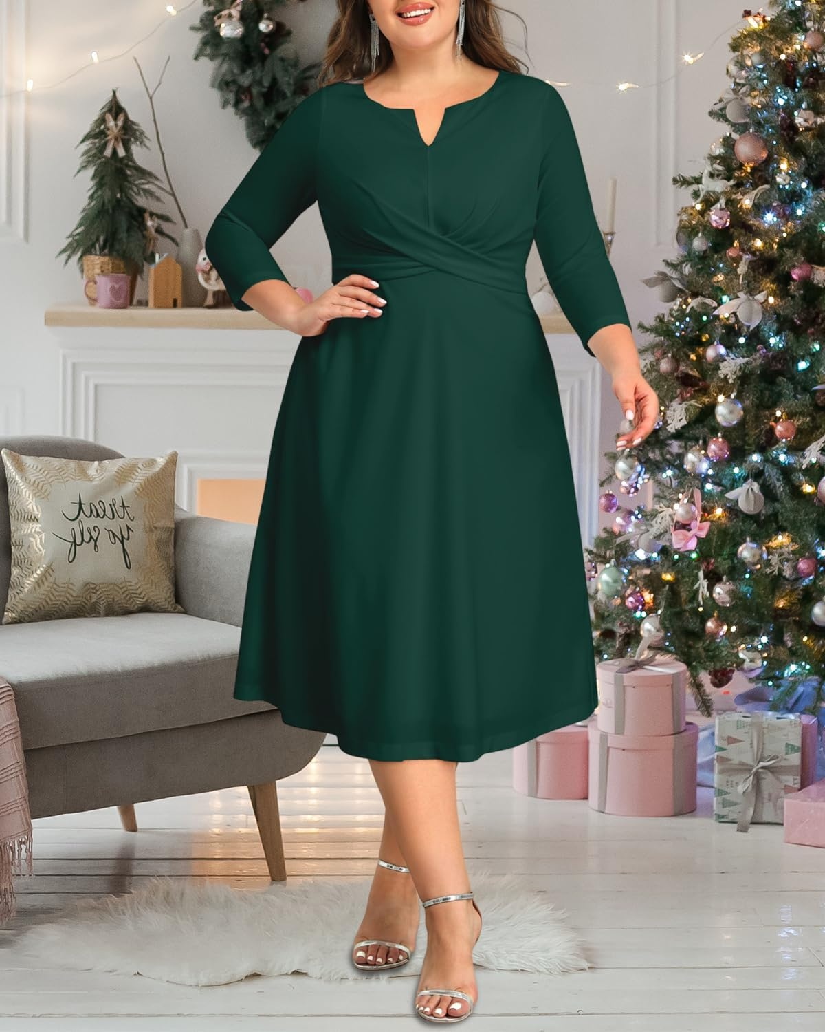 Plus Size Wedding Guest Dress Fall Semi Formal 3/4 Sleeve A-line Midi Dress | Plus Size Cocktail Wedding Guest Dress Fall 3/4 Sleeve A-Line Midi Dresses Curvy Women Modest Semi Formal Church Dress(Forest Green)