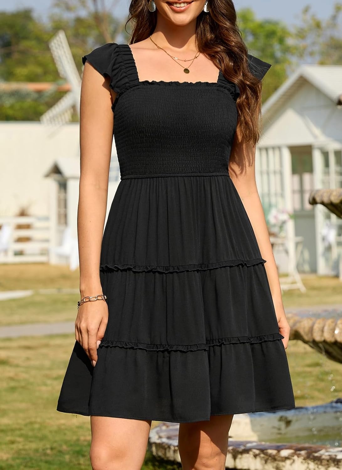 Talisea Women’s Smocked Summer Dress – Ruffle Strap Square Neck Tiered Casual Flowy A-Line Graduation Teen Beach Sundress(Black)