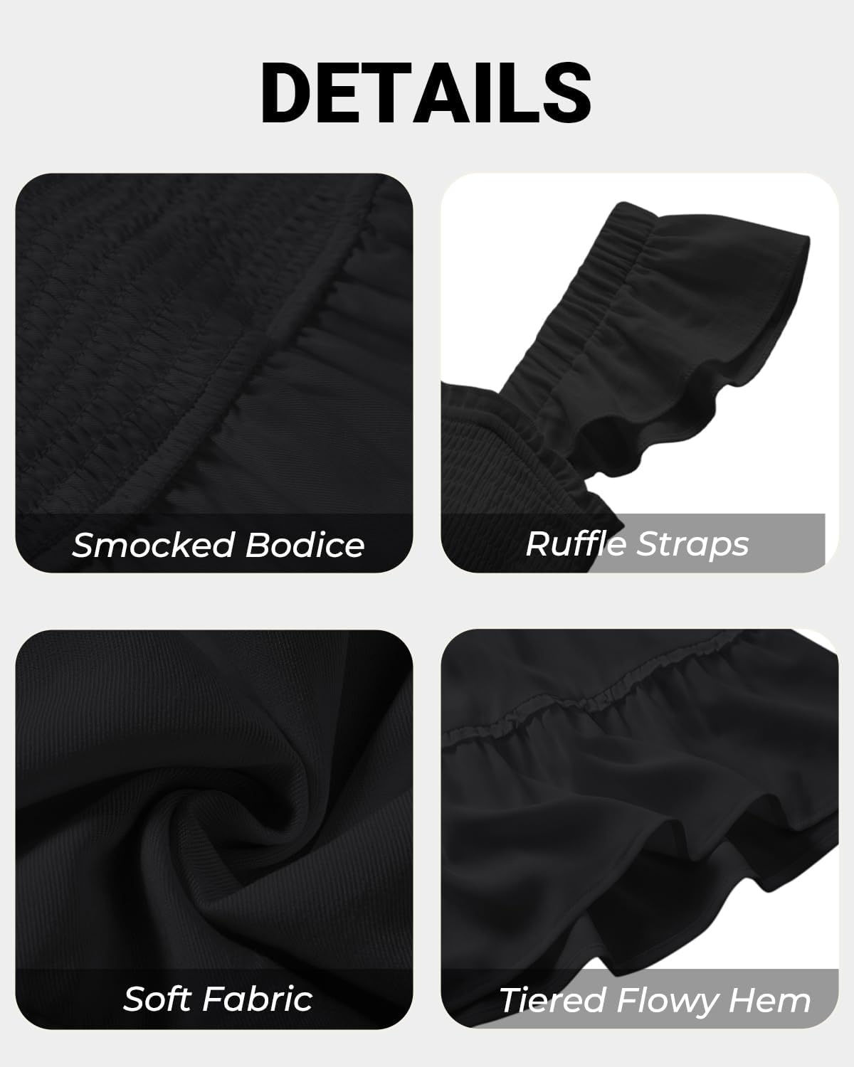 Talisea Women’s Smocked Summer Dress – Ruffle Strap Square Neck Tiered Casual Flowy A-Line Graduation Teen Beach Sundress(Black)