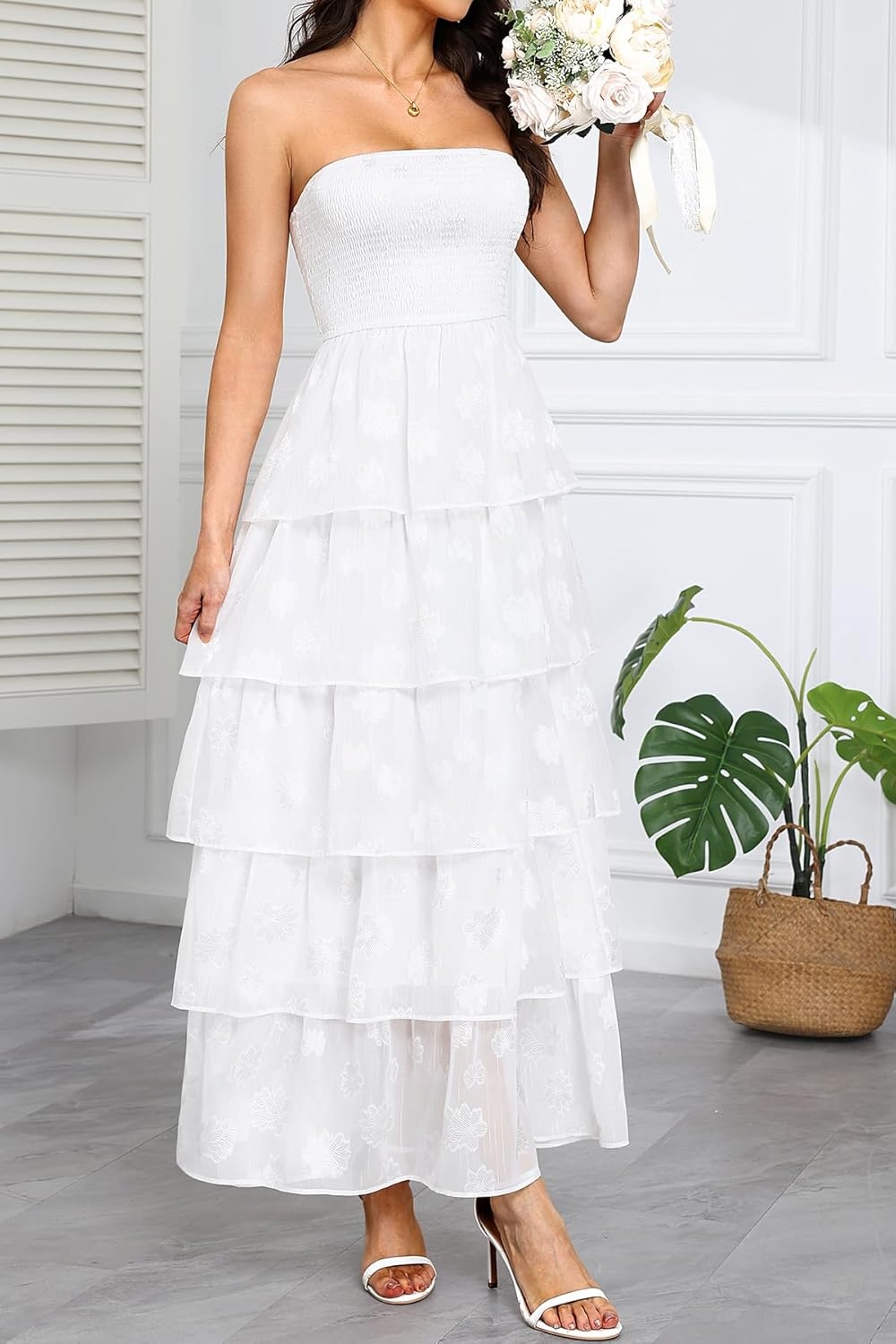 Talisea Women’s Strapless Maxi Dress – Smocked Textured Jacquard Tiered Beach Wedding Guest Summer Boho Dress with Lining(White)