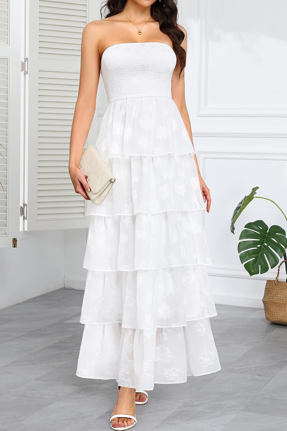 Talisea Women’s Strapless Maxi Dress – Smocked Textured Jacquard Tiered Beach Wedding Guest Summer Boho Dress with Lining(White)