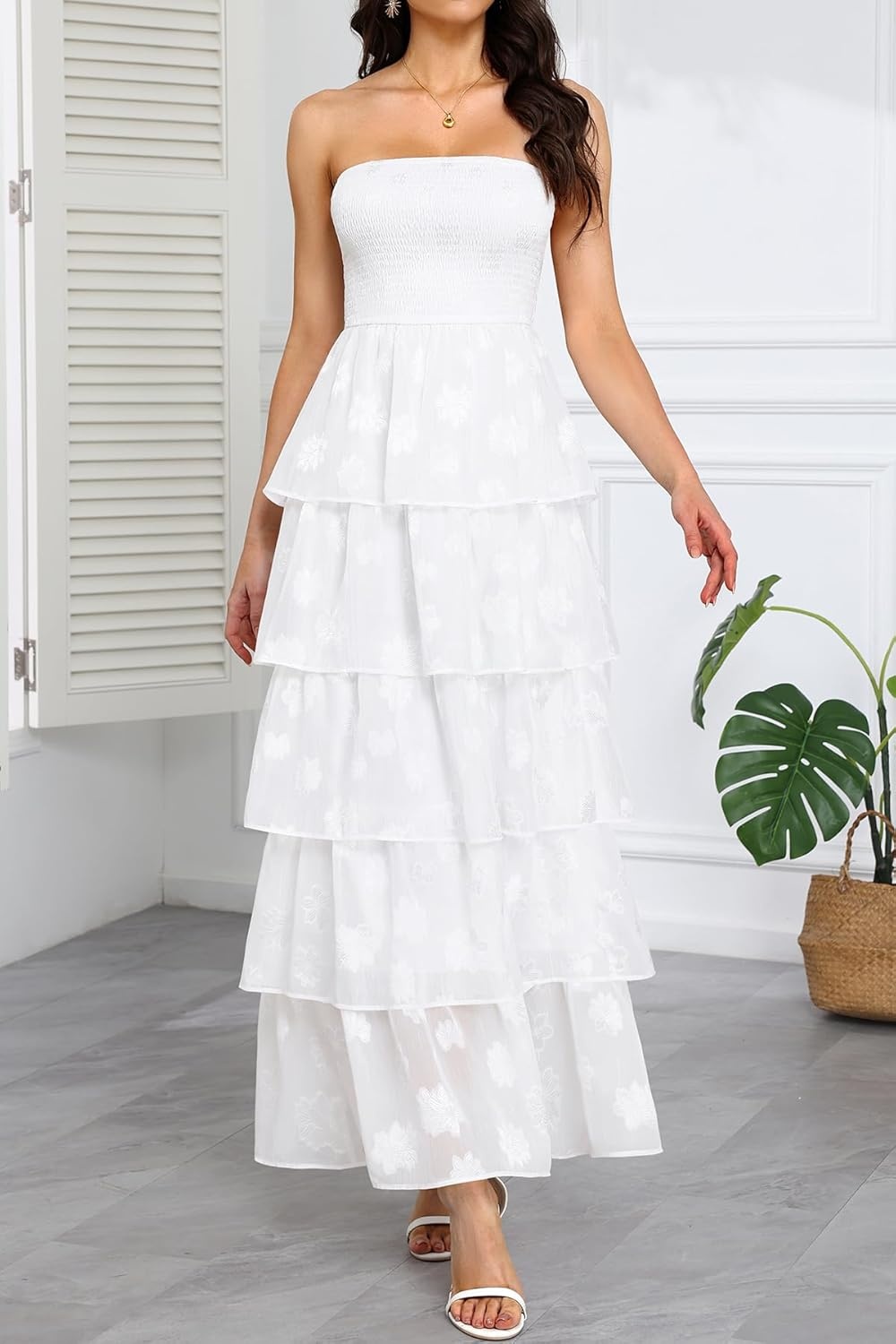 Talisea Women’s Strapless Maxi Dress – Smocked Textured Jacquard Tiered Beach Wedding Guest Summer Boho Dress with Lining(White)