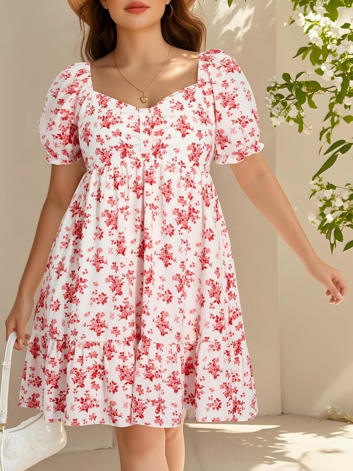 Talisea Women’s Plus Size Summer Dress – Sweetheart Neck Puff Sleeve Casual Sundress Graduation Teen Babydoll Short Dresses(White Red Floral)