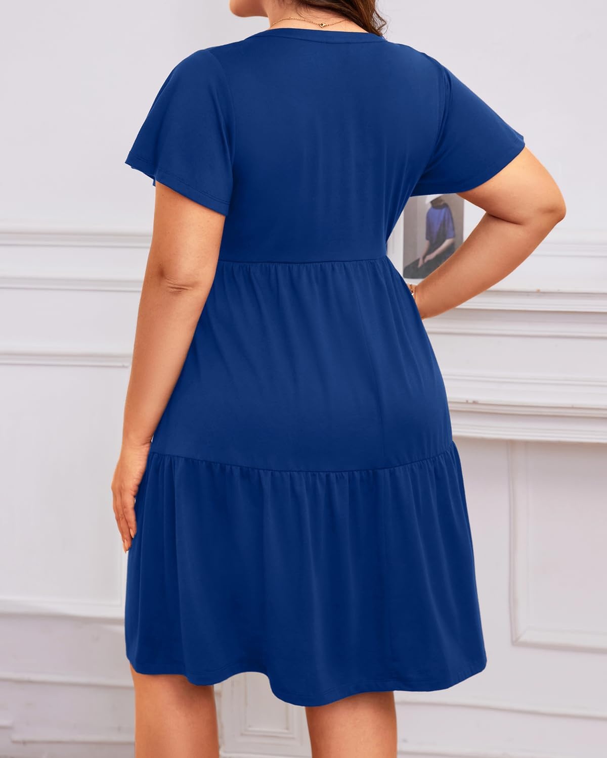 Plus Size Summer Dress – Casual Sundress Beach Short Sleeve V Neck Tiered Button Up Boho Midi Flowy Sun Dresses Women(Dark Blue)
