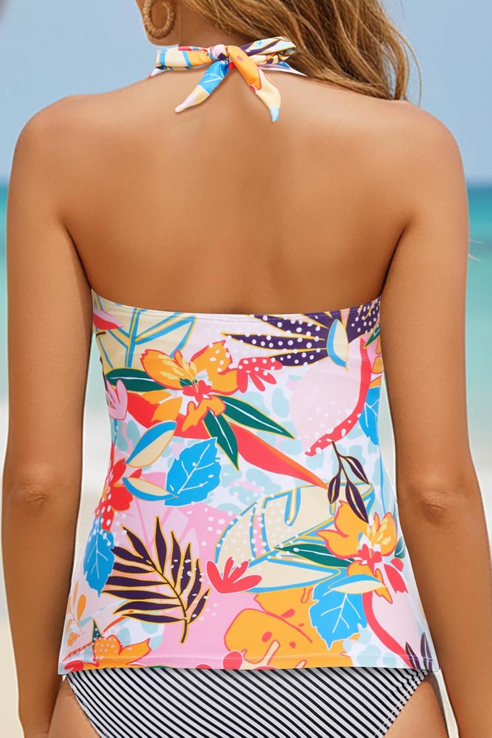Women Tankini Bathing Suit Top – Halter Swim Tops Only Tummy Control No Bottom Swimwear(Pink Flower)