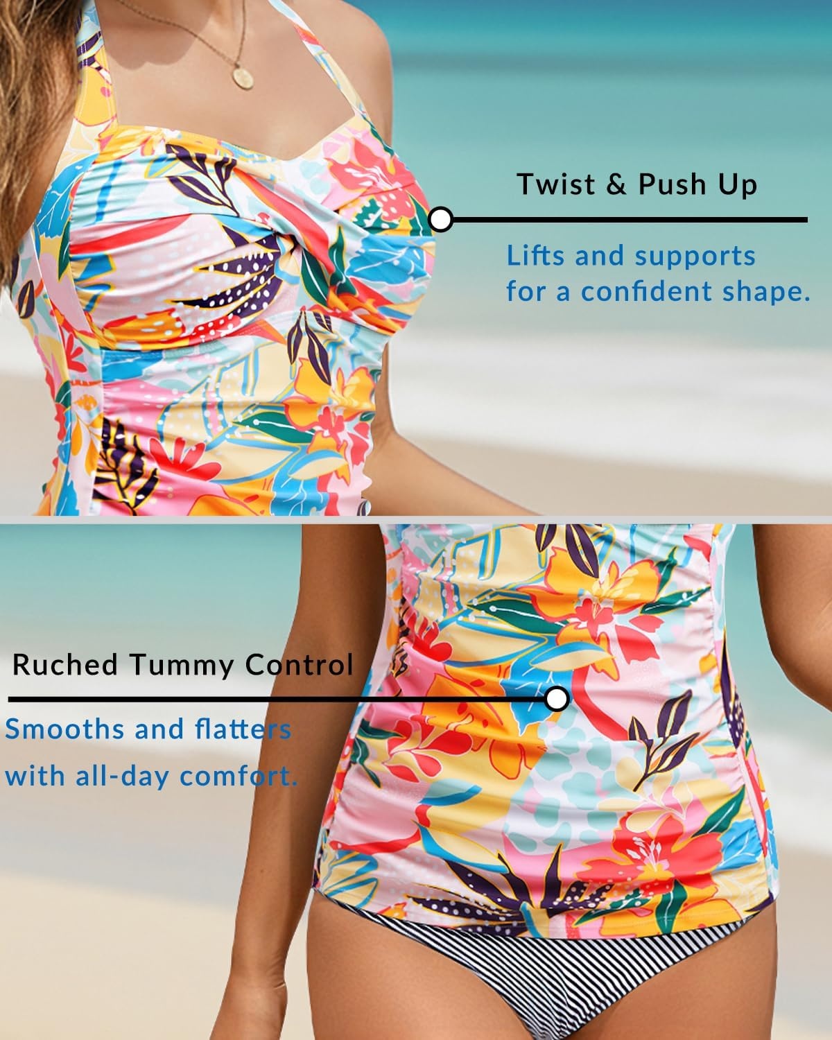 Women Tankini Bathing Suit Top – Halter Swim Tops Only Tummy Control No Bottom Swimwear(Pink Flower)